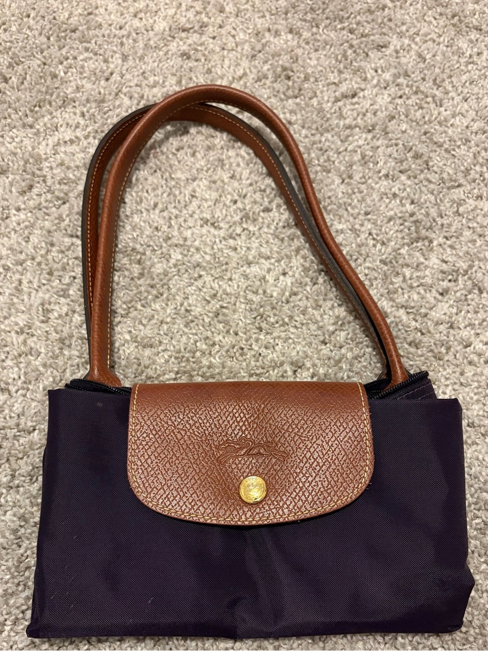 Longchamp Deep Purple Nylon Shoulder Bag with Brown Leather Trim